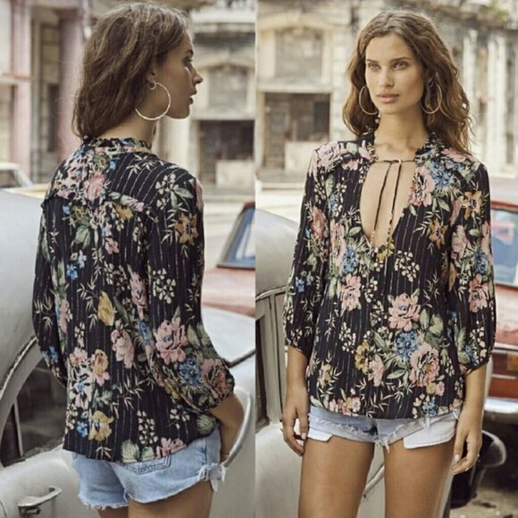 Auguste Black Floral Boho Top With Silver Stripes Size 4 - Picture 1 of 9
